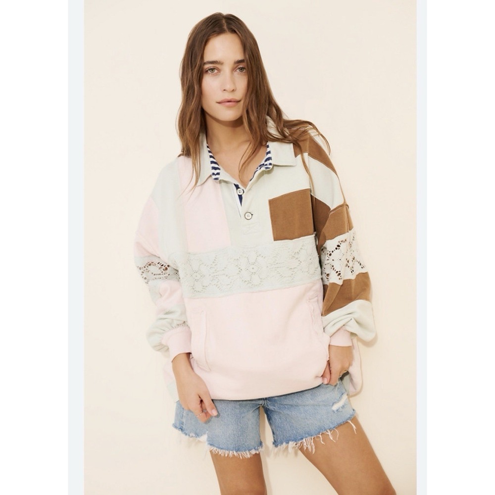 Free People We The Free American Dream Polo Top Size Medium Pink Brown Pullover